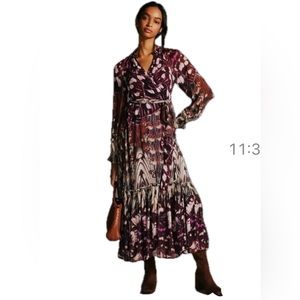 By Anthropologie Long-Sleeve Wrap Midi Dress w/ butterfly pattern tonal …